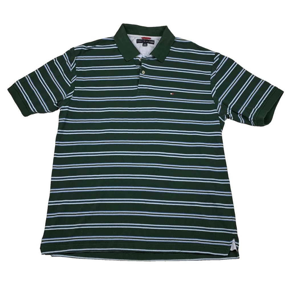 Tommy Hilfiger Polo Shirt Mens XL Green Striped Cotton Short Sleeve